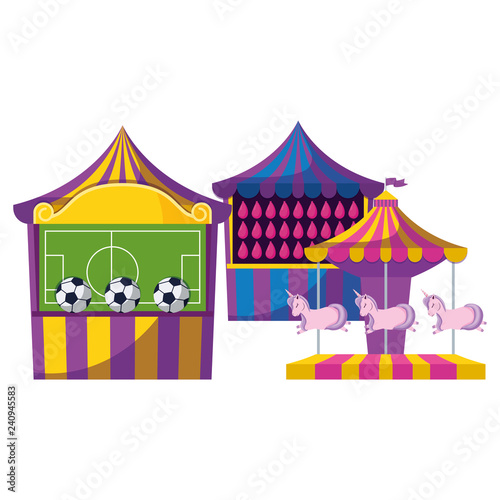 carnival kiosks with soccer balloons and carousel