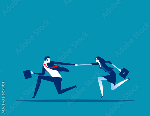 Business couple holding hands into success togetherness. Concept business vector illustration, Teamwork, Achievement, Goal.