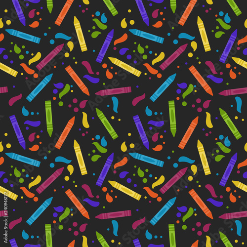 Crayons Seamless Pattern - Colorful crayons and paint splashes on black chalkboard background for back to school