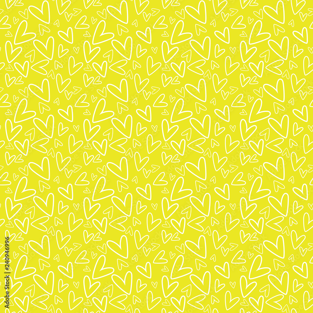 Hand Drawn Hearts Seamless Pattern - White hand drawn hearts on yellow background Hand Drawn Hearts Seamless Pattern - White hand drawn hearts on yellow background