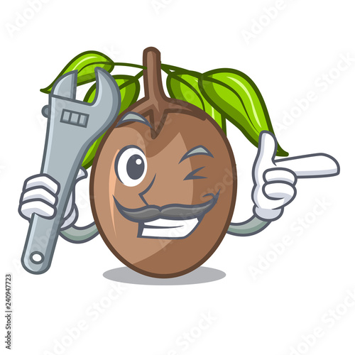 Mechanic slice sapodilla fruit on shape cartoon