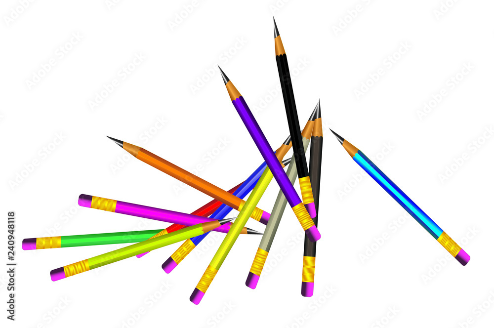  Lead Pencils on Vector background with realistic 3D wooden colorful colored pencil. Vector of lead pencil on white background. Vector illustration art