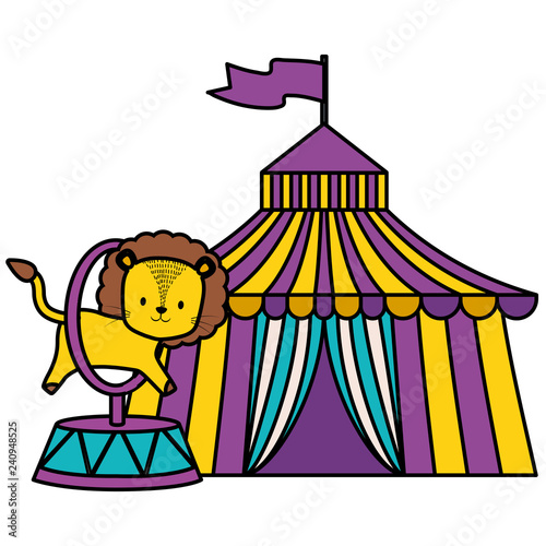 cute circus lion jumping ring in tent