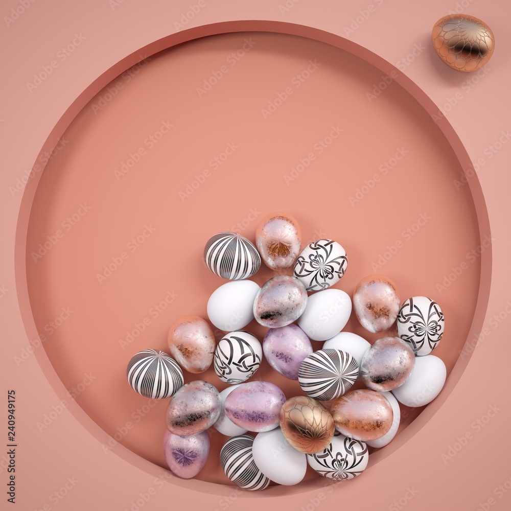 Easter decor. The square background of a Living Coral with a round slot. Color concept 2019. 3D illustration Easter decor. The square background of a Living Coral with a round slot. Color concept 2019. 3D illustration