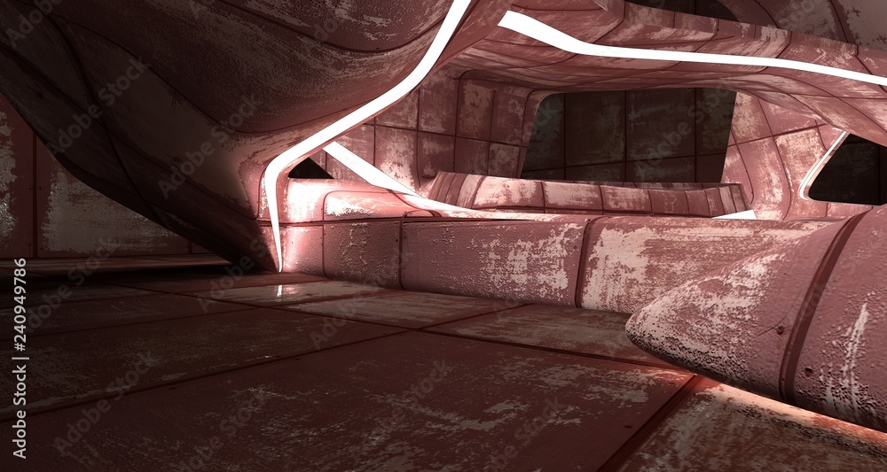 Empty smooth abstract room interior of sheets rusted metal. Architectural background. Night view of the illuminated. 3D illustration and rendering Empty smooth abstract room interior of sheets rusted metal. Architectural background. Night view of the illuminated. 3D illustration and rendering