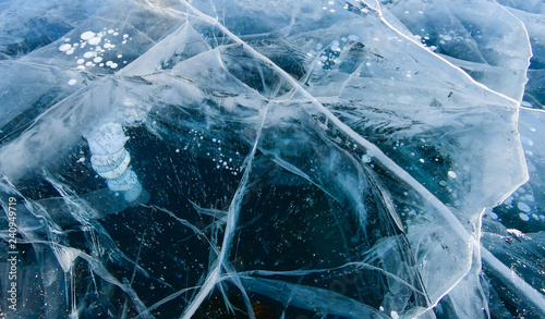 Smooth surface of frozen ice field of lake Baikal in winter