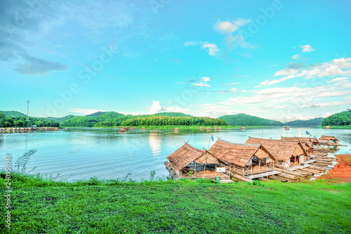 Landscape of river sky Mountain and bamboo houseboat raft floating air fresh bright sky for relax in holiday time