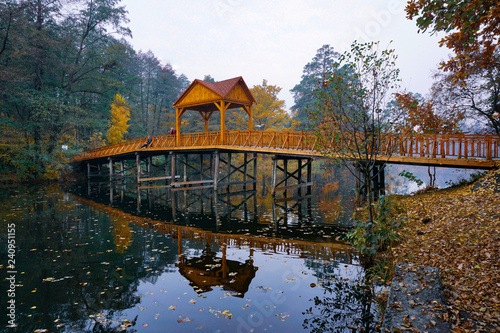 Wooden bridge over the river with a canopy. 