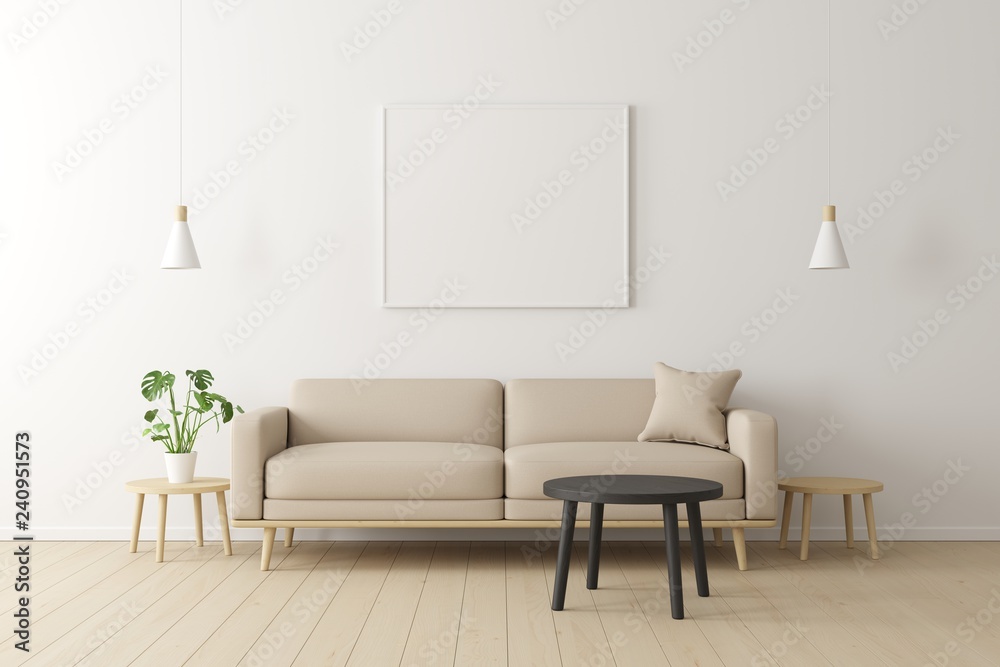 Minimal concept. interior of living beige fabric sofa, wooden table, ceiling lamp and frame on wooden floor and white wall. Minimal concept. interior of living beige fabric sofa, wooden table, ceiling lamp and frame on wooden floor and white wall.