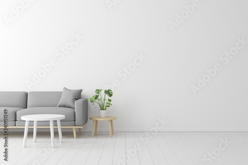 Minimal concept. interior of living grey fabric sofa, wooden table on wooden floor and white wall.