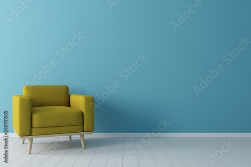 Minimal concept. interior of living yellow fabric armchair  on wooden floor and blue wall.