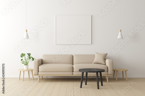 Minimal concept. interior of living beige fabric sofa, wooden table, ceiling lamp and frame on wooden floor and white wall. photo