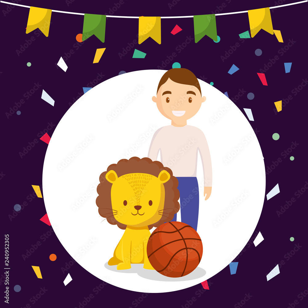 Naklejka premium cute circus lion with basket balloon