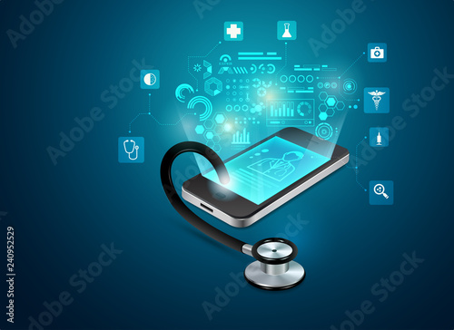 concept of telemedicine or e-health, graphic of realistic smart device with stethoscope reaching out from the screen photo