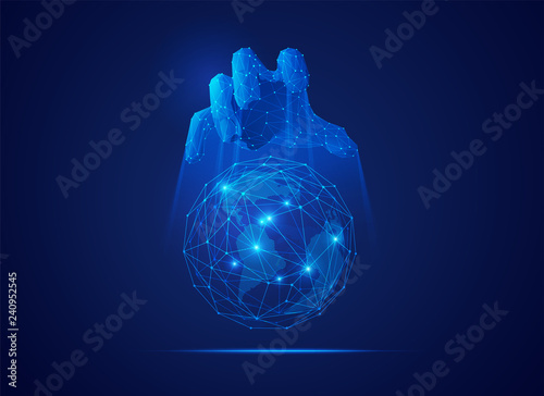 concept of communication technology control, futuristic polygon hand reaching to digital globe