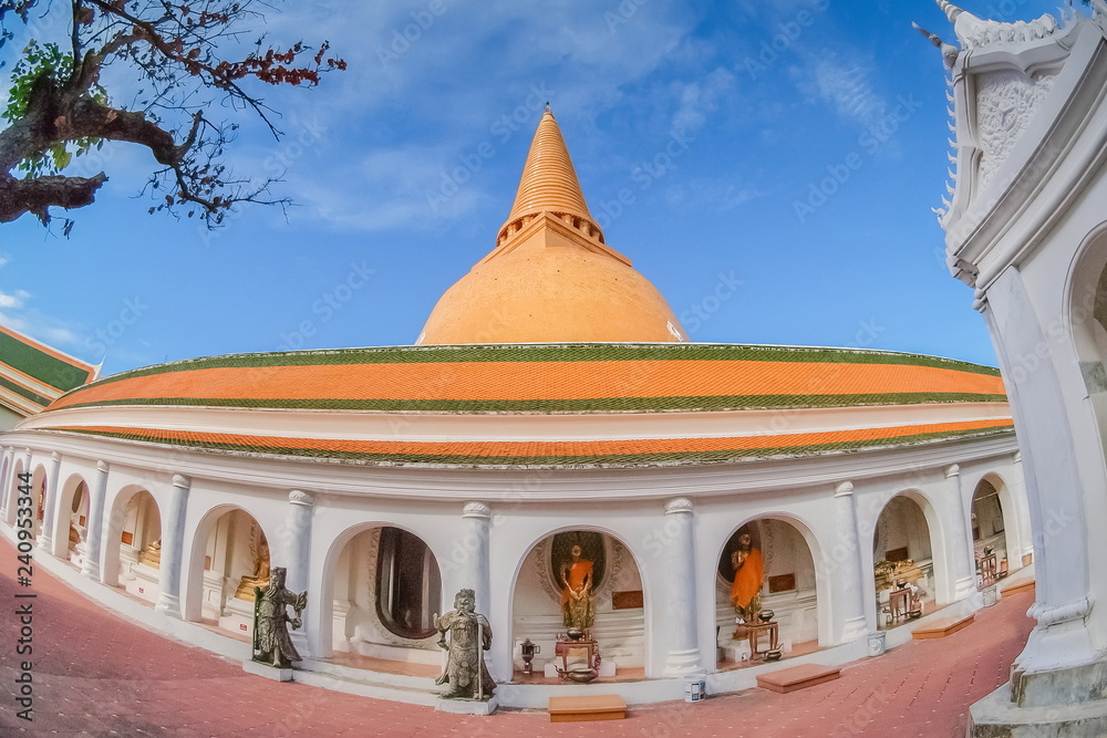 Phra Pathommachedi or Phra Pathom Chedi famous stupa know as the largest stupa in Thailand with blue sky background, Nakhon Pathom Province, Thailand. Phra Pathommachedi or Phra Pathom Chedi famous stupa know as the largest stupa in Thailand with blue sky background, Nakhon Pathom Province, Thailand.