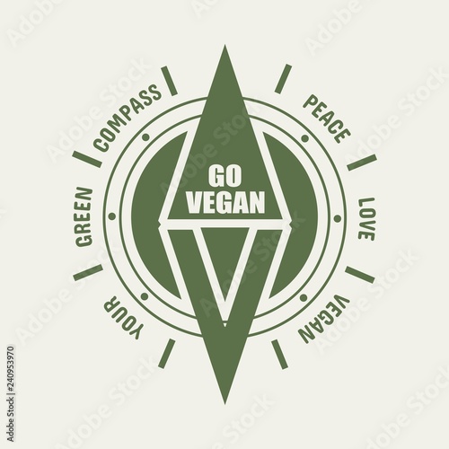 Vegan emblem concept. Fresh healthy organic vegan food illustration. Vegetarian eco green concept. Go vegan text.