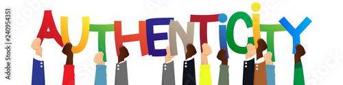 Diverse hands holding letters of the alphabet created the word Authenticity. Vector illustration.