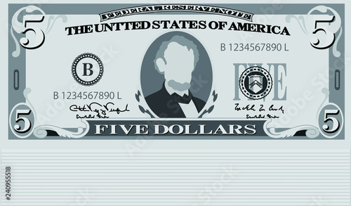 Monochrome Bunch of 5 US dollar banknote