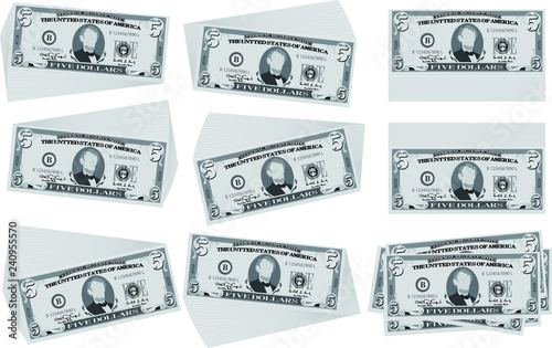 Monochrome Bunch of 5 US dollar banknote set