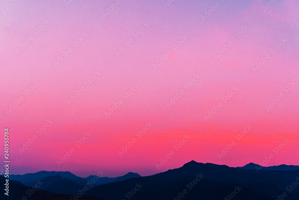 Mountain scenery view landscape with twilight sky beautiful magenta color tone theme sunset and sunrise background. - obrazy, fototapety, plakaty 