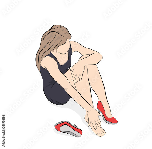 Young woman suffering from legs pain because of uncomfortable shoes, high heels. vector illustration