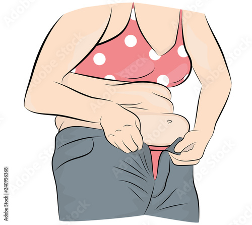 fat woman trying to fasten her pants. weight loss concept. vector illustration.