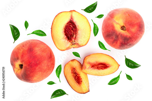 ripe peaches with leaves isolated on white background. Top view. Flat lay pattern