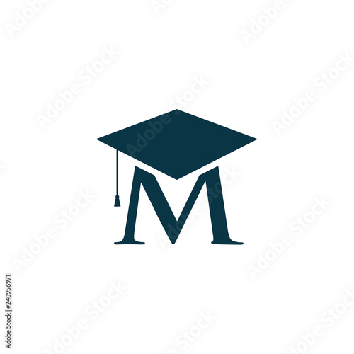 Letter M education logo vector illustration template. Graduation cap with letter M under. Vector logo concept illustration