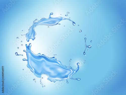 Water splash transparent. Realistic water circle frame on blue background