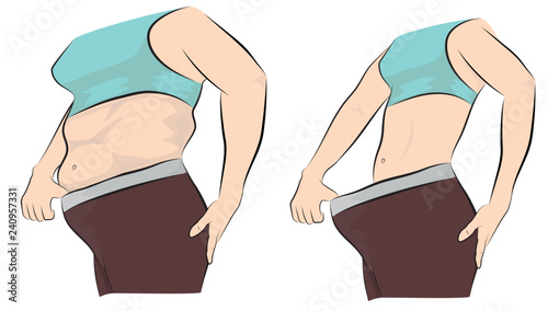 Woman's body before and after weight loss. vector illustration.