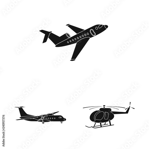 Vector illustration of plane and transport symbol. Set of plane and sky stock symbol for web.