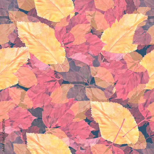 Bright colorful autumn leaves. Seamles pattern. Natural background. Mixed media vintage artwork.