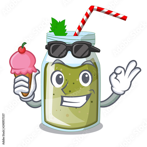 With ice cream juice smoothies green in cartoon table