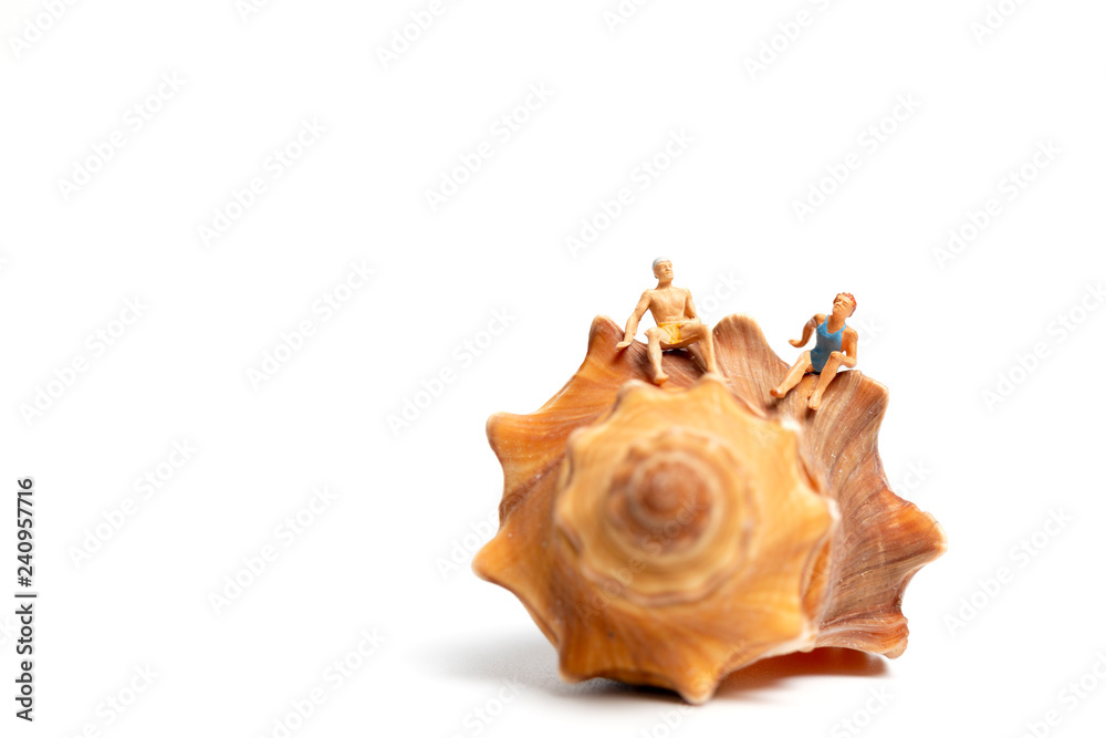 Miniature people wearing swimsuit relaxing on seashells on white background , Valentine's Day concept Miniature people wearing swimsuit relaxing on seashells on white background , Valentine's Day concept