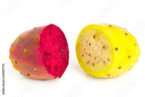 half of yellow and red prickly pear or opuntia isolated on a white background