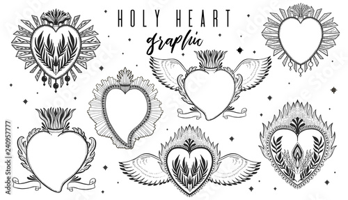 Sketch graphic illustration set Holy heart with mystic and occult hand drawn symbols. Vintage Hands with Old Fashion Tattoos.Freemasonry and secret societies emblems, esoteric symbol.