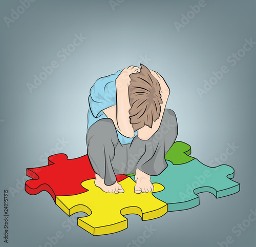 the boy sits on the puzzles symbol of autism. vector illustration.
