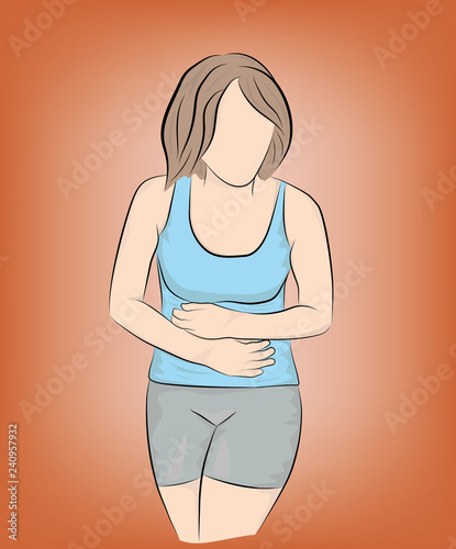 woman holding her belly. medical assistance for abdominal pain. vector illustration.