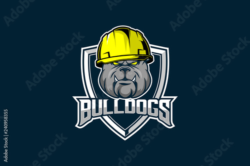 bulldog head cartoon with hard hat vector badge logo for sport team