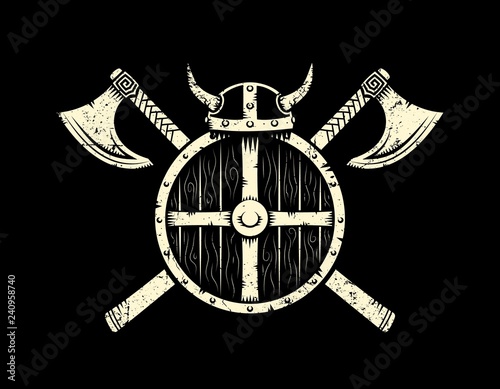 Viking warrior emblem with a round shield, horned helmet, crossed battle axes. Vector illustration.