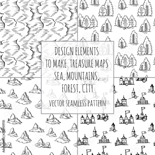 Example design elements to make your own fantasy or treasure maps. Includes city, forest, mountains, sea, waves, ocean. Imitation of medieval drawings. Hand-drawn sketch. Vector