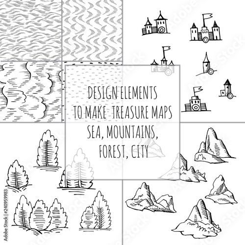 Example design elements to make your own fantasy or treasure maps. Includes city, forest, mountains, sea, waves, ocean. Imitation of medieval drawings. Hand-drawn sketch. Vector photo