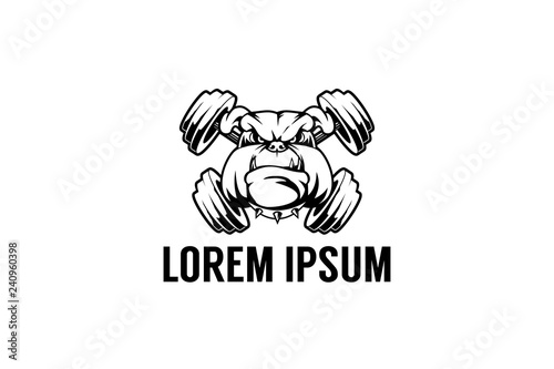 bulldog head with dumbbell or barbell vector logo template