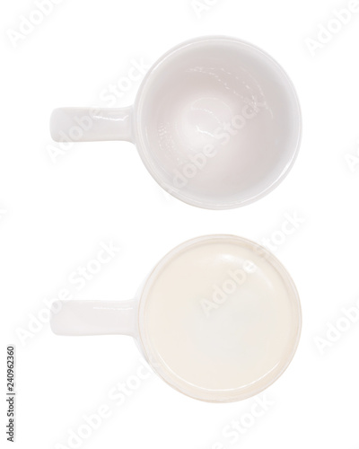 White top and bottom view ceramic mug on isolated background with clipping path. Blank drink cup for your design.