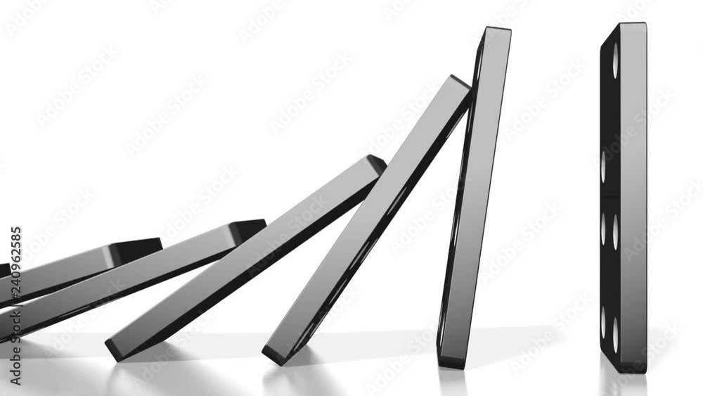 3D domino effect animation - falling black tiles with white dots.