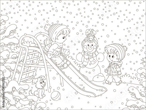 Kids playing on a toy slide on a snow-covered playground in a winter park, black and white vector illustration in a cartoon style for a coloring book