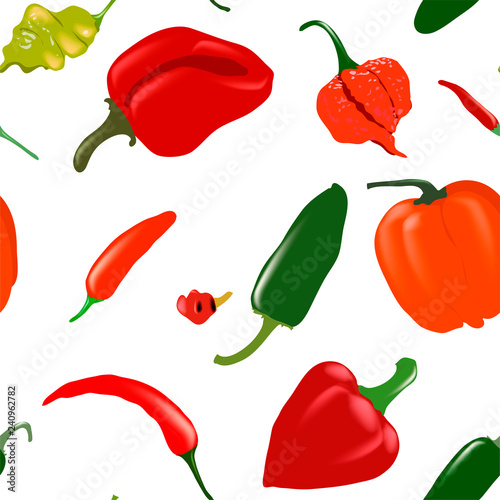 Seamless white vector pattern with various pepper types
