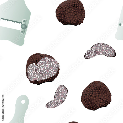 Seamless vector pattern of hand drawn black truffles mushrooms, tuber fungus and slicer on white