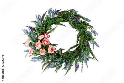 Spring flower wreath front door house decoration with pink roses and violet lavender. Isolated closeup front view photography on the white background. 